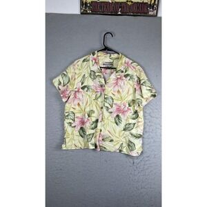 Sunset Cove Shirt Womens Petite XL‎ Yellow Pink Floral Hawaiian Button Up Top